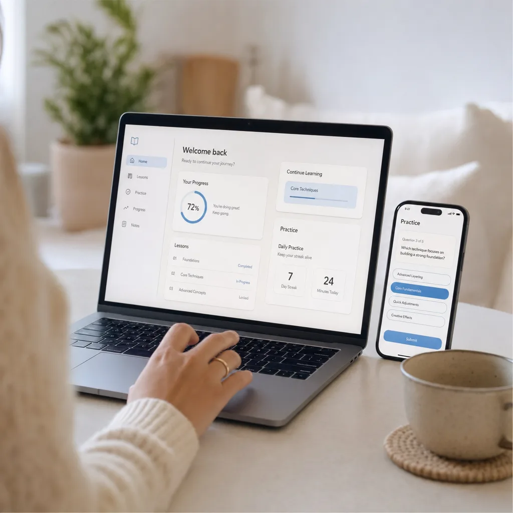 Inside the program: course dashboard with modules, lessons and reference guides